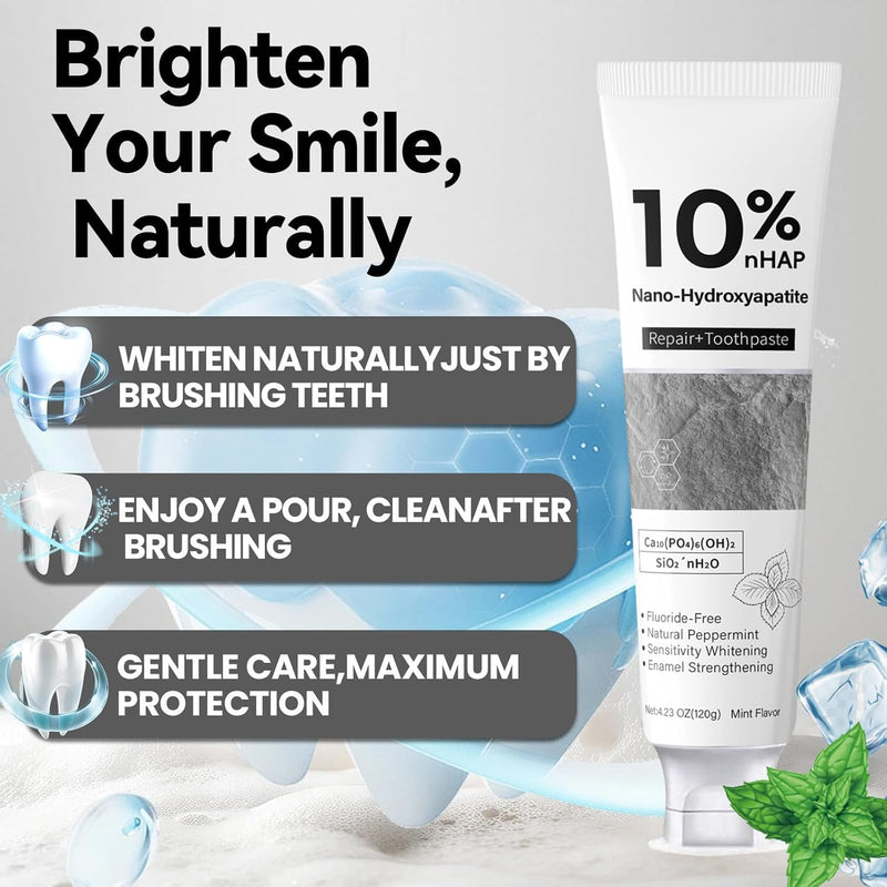 Nano-Hydroxyapatite Toothpaste - New Upgraded Formula, 10% NHA, Enamel Strengthening, Fluoride-Free, Gentle on Sensitive Teeth, 4.23oz
