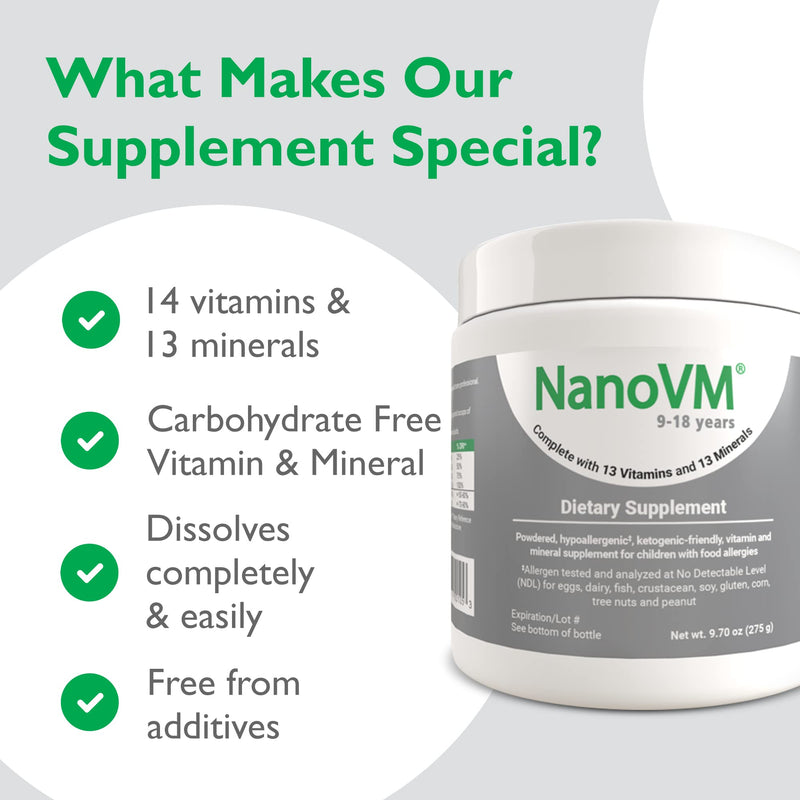 NanoVM 9-18 Years Allergen-Free Multivitamin Powder – Solace Nutrition (275g) Unflavored, Low-Carb