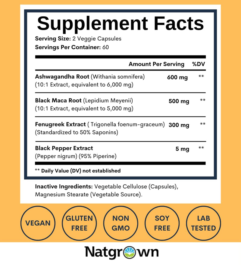 Natgrown Ashwagandha Maca Root Fenugreek Extract Capsules – Vegan Supplement for Men & Women | 120 Count