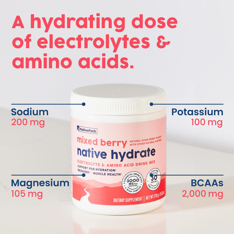 NativePath Native Hydrate Electrolyte Powder with BCAAs – Zero Sugar, Mixed Berry | 30 Servings