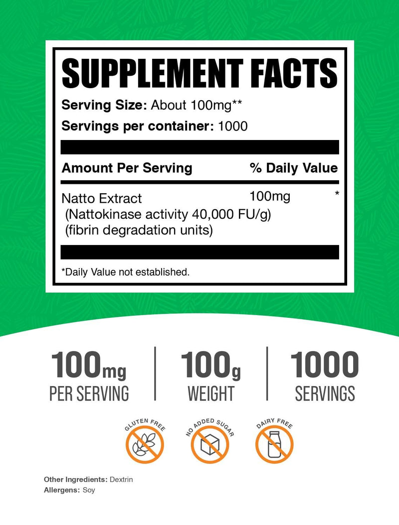 BulkSupplements Nattokinase Powder - Natto Powder, 4000 FU, 100 mg/Serving, 100 g