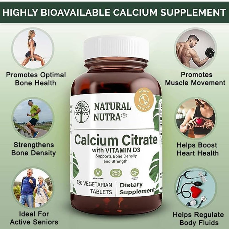 Natural Nutra Calcium Citrate with Vitamin D3 – Bone Health & Heart Support, 120 Tablets