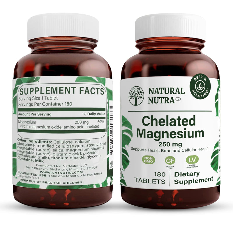 Natural Nutra Chelated Magnesium Oxide 250 mg – 180 Tablets (2 Pack) in BPA-Free Recyclable Glass Bottles
