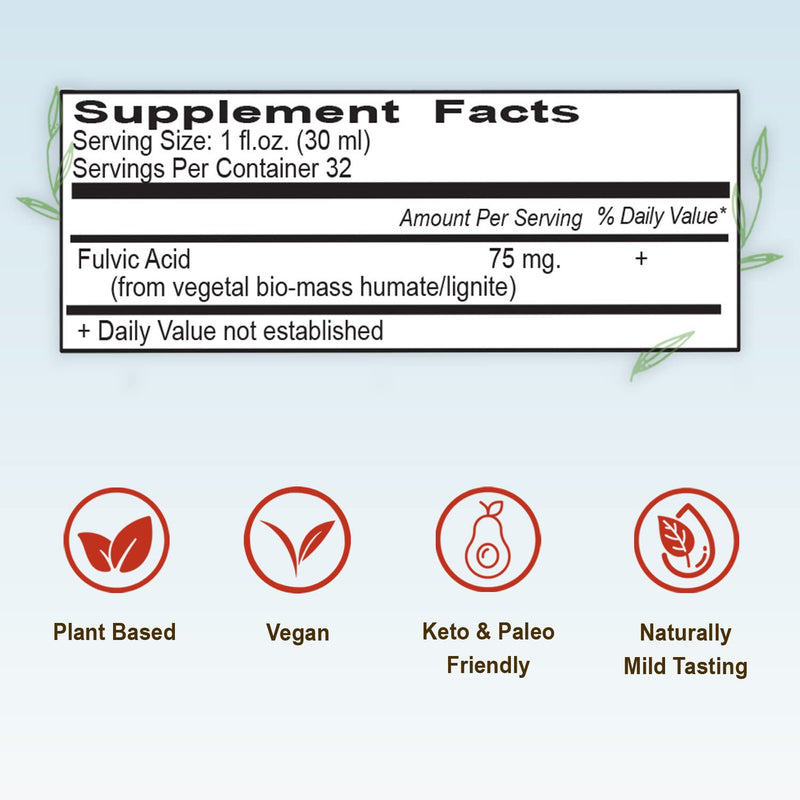 Vital Earth Minerals Fulvic Minerals Liquid – Fulvic Acid with 70+ Trace Minerals, 32 oz + 1 oz Cup