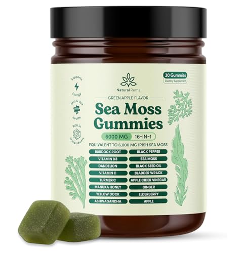 Natural Rems Sea Moss Gummies 16-in-1 with Ashwagandha, Black Seed Oil & Turmeric – Green Apple