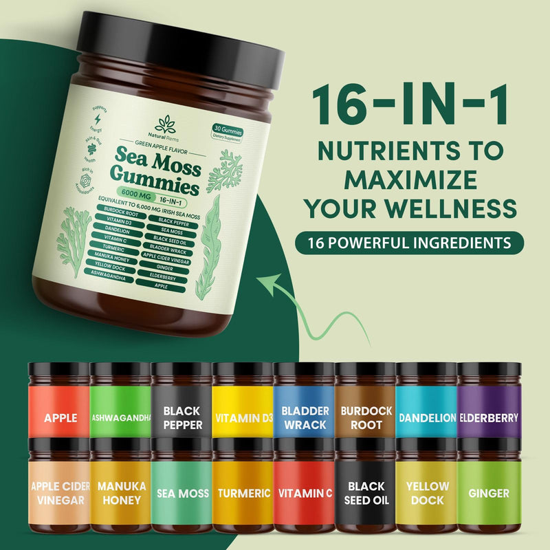 Natural Rems Sea Moss Gummies 16-in-1 with Ashwagandha, Black Seed Oil & Turmeric – Green Apple