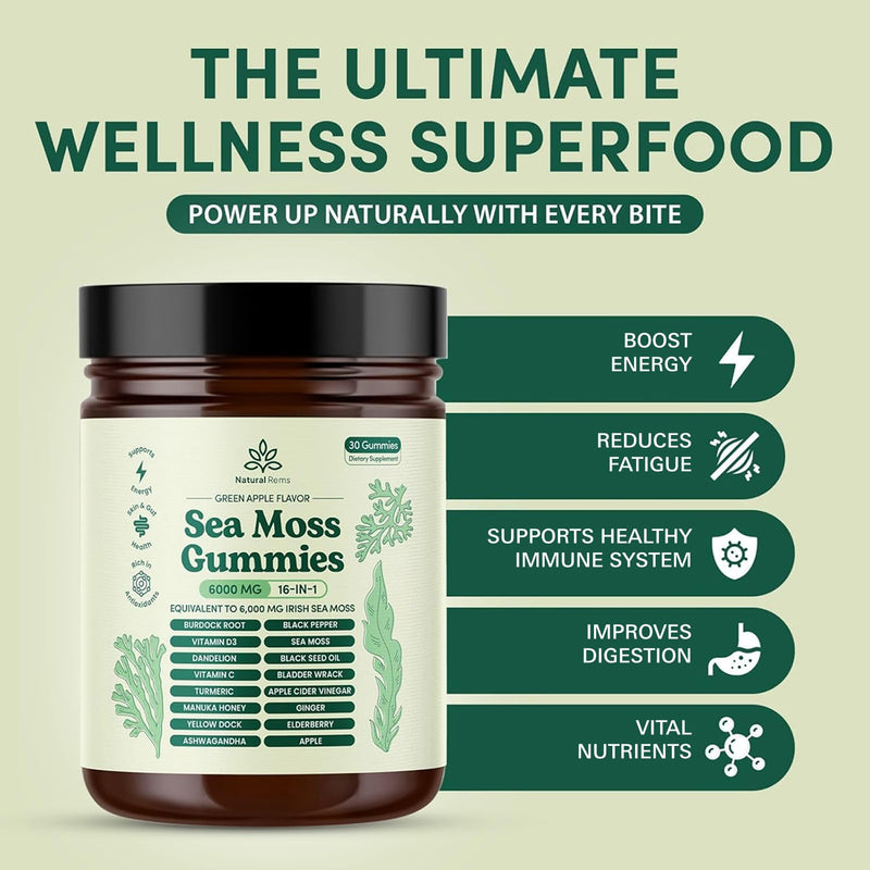 Natural Rems Sea Moss Gummies 16-in-1 with Ashwagandha, Black Seed Oil & Turmeric – Green Apple