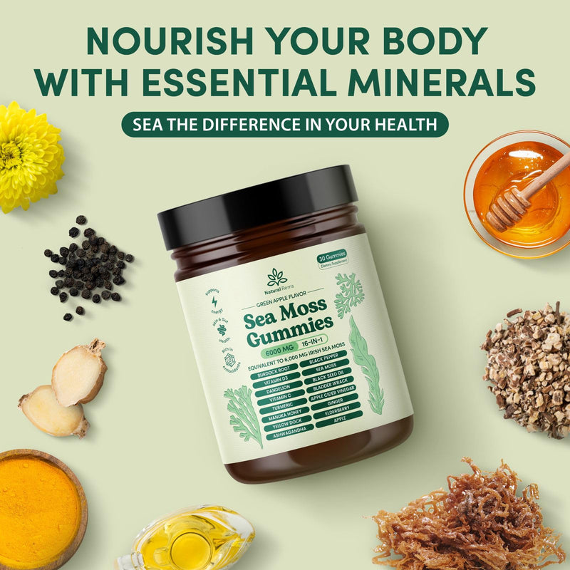 Natural Rems Sea Moss Gummies 16-in-1 with Ashwagandha, Black Seed Oil & Turmeric – Green Apple