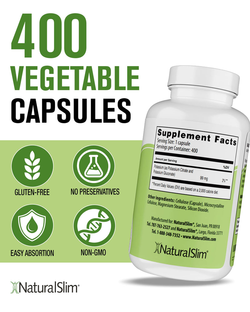 NaturalSlim Kadsorb Potassium Citrate Gluconate 99 mg – Electrolyte Balance & Heart Support, 400 Capsules