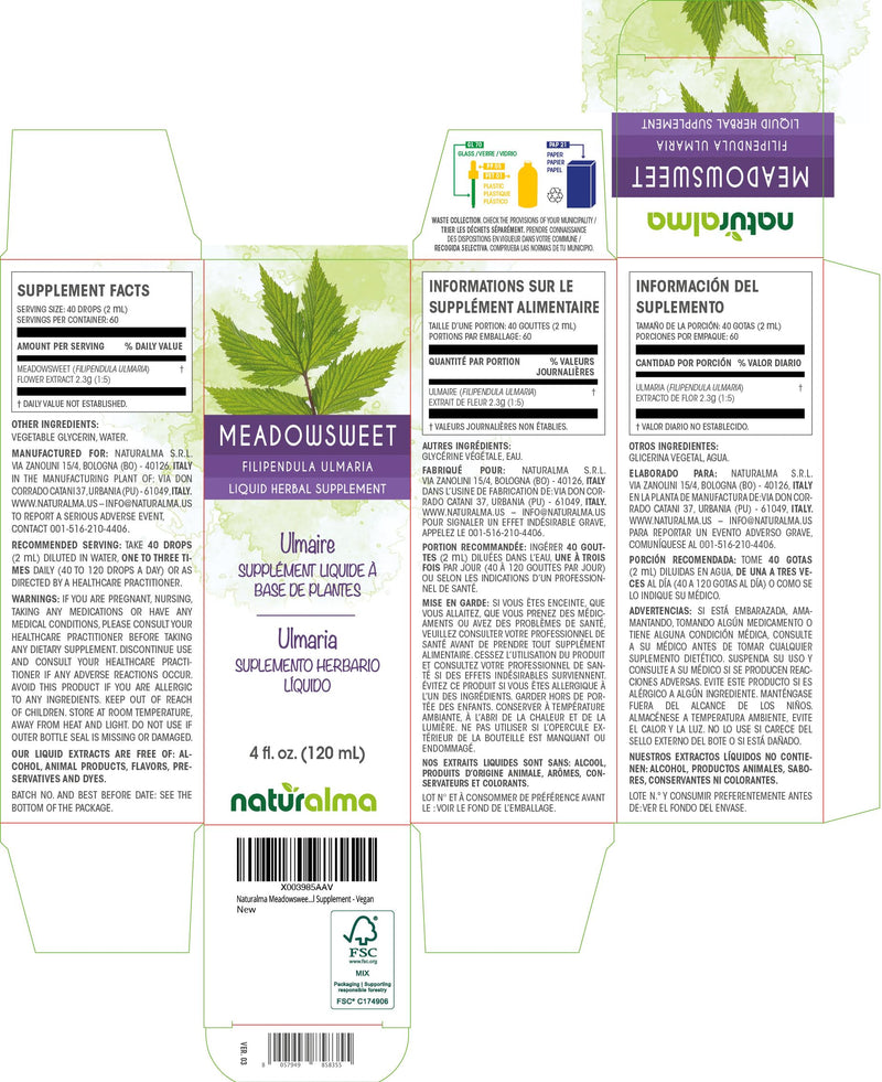 Naturalma Meadowsweet Flower Tincture - Alcohol-Free 4 oz Drops | Vegan