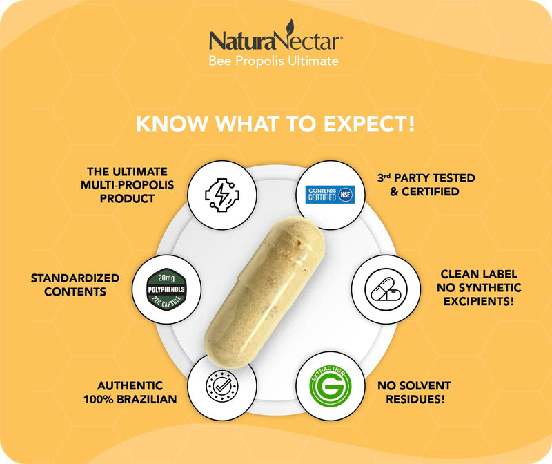 NaturaNectar Ultimate Bee Propolis Capsules - NSF Certified, Gluten-Free (60pcs)