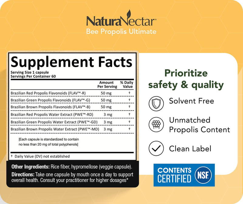 NaturaNectar Ultimate Bee Propolis Capsules - NSF Certified, Gluten-Free (60pcs)
