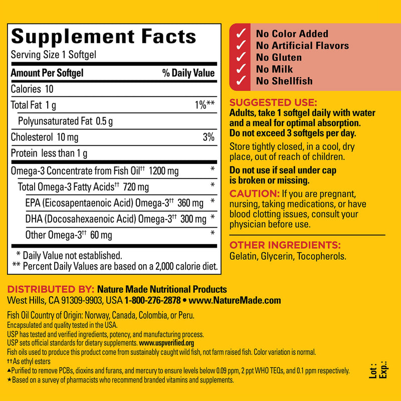 Nature Made Omega-3 Fish Oil 1200 mg Softgels – EPA/DHA for Heart, Brain & Eyes