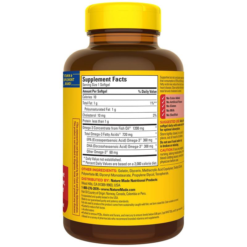 Nature Made Burp Less Omega-3 1200 mg Fish Oil Softgels – 120 Count