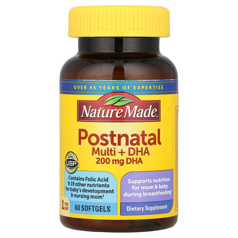 Nature Made Postnatal Multivitamin + DHA 200 mg, 60 Softgels – Supports Nursing Moms & Baby During Breastfeeding