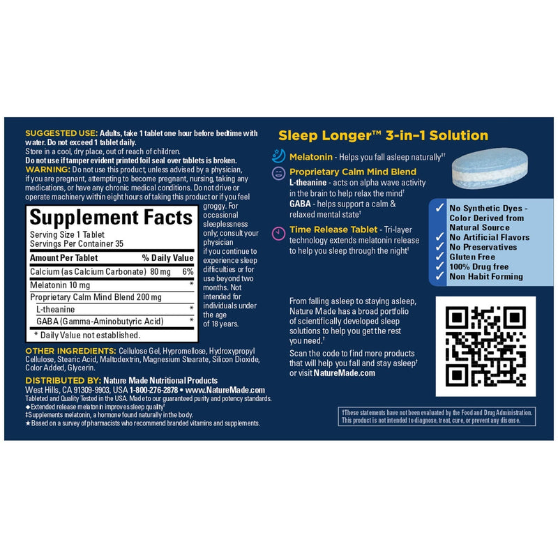 Nature Made Sleep Longer: Melatonin 10mg Time Release Tri-Layer, 35 Tablets