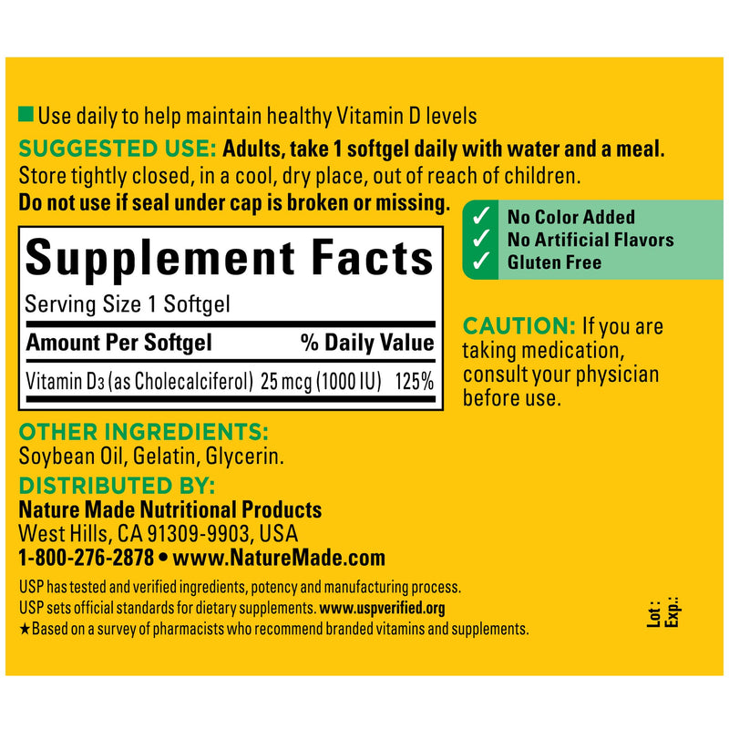 Nature Made Vitamin D3 1000 IU Softgels – 180 Count | Bone, Teeth, Muscle & Immune Health