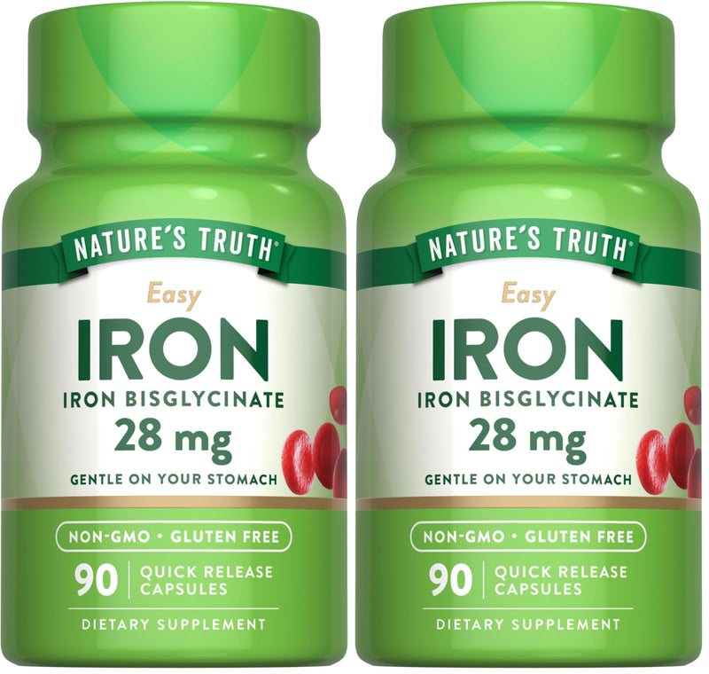 Nature's Truth Iron Supplement for Women & Men | 28 mg Iron Bisglycinate | 90 Capsules Pack of 2 | Non-GMO, Gluten Free