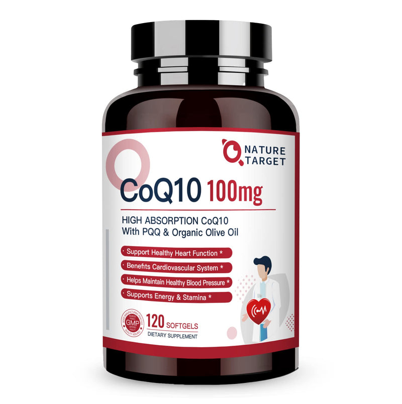 NATURE TARGET CoQ10 100mg Softgels with 10mg PQQ - High Absorption CoQ10 in Organic Olive Oil | Heart, Brain & Energy Support | 120 Servings