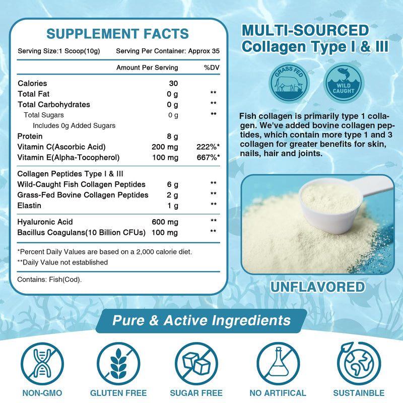 NATURE TARGET Marine Collagen Peptides Powder – Type I & III with Probiotics, Vitamin C & Hyaluronic Acid | 2 x 35 Servings