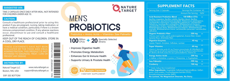 Nature Target Probiotics for Men – Digestive Health with Enzymes & Prebiotics, 100 Billion CFUs, Saw Palmetto & Cranberry, 90 VeggieCaps