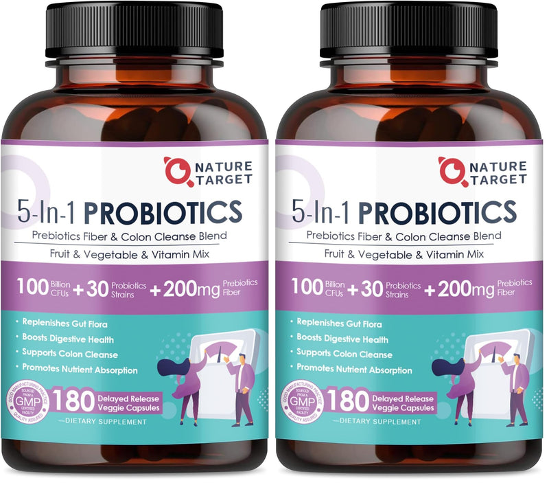 NATURE TARGET Probiotics for Women & Men – 100B CFU, 30 Strains, 180 Veggie Capsules per Pack, Pack of 2 (180 Days)
