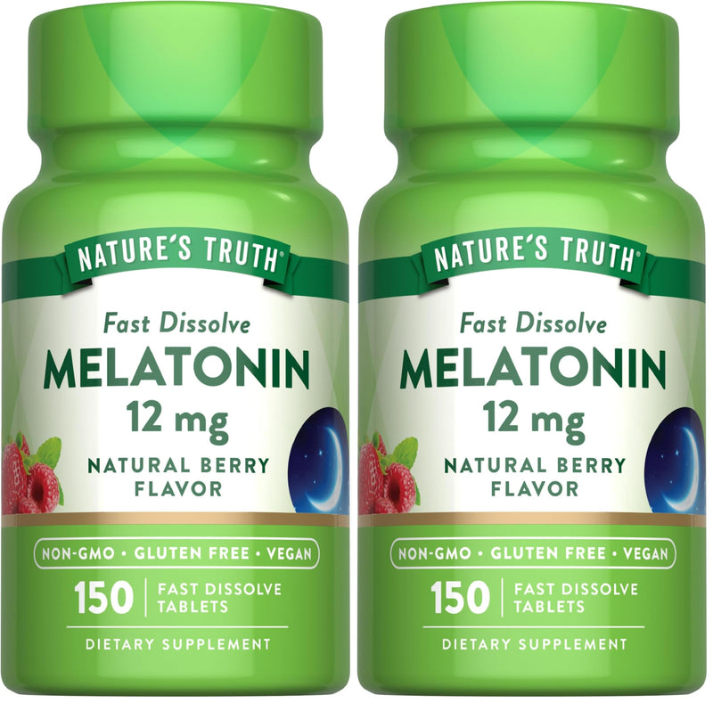 Nature's Truth Melatonin 12 mg - 150 Tablets, Berry Flavor, Quick Dissolve, Vegan, Non-GMO & Gluten Free | Pack of 2