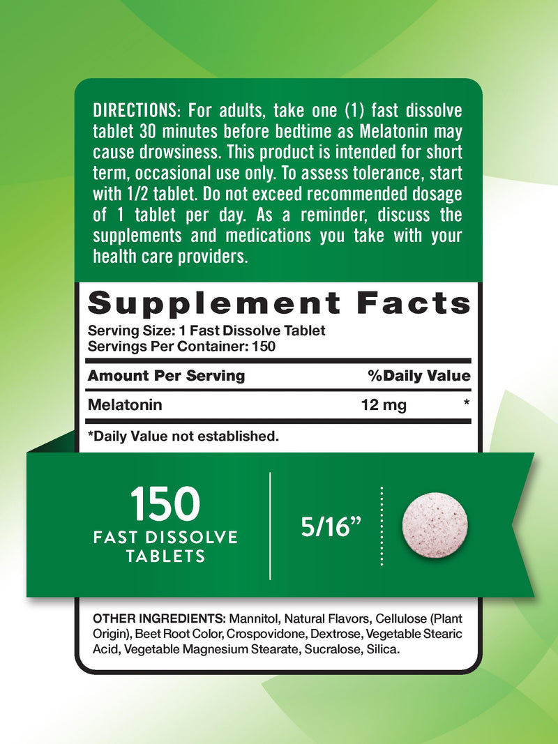 Nature's Truth Melatonin 12 mg - 150 Tablets, Berry Flavor, Quick Dissolve, Vegan, Non-GMO & Gluten Free | Pack of 2