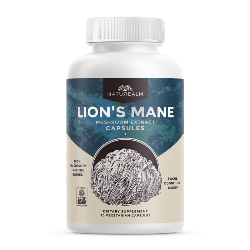 Naturealm Lions Mane Mushroom Supplement – Organic Brain Support, Focus & Memory | 90 Vegetarian Capsules