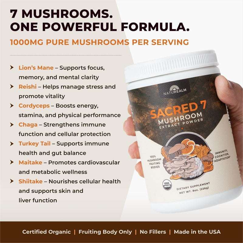 Naturealm Sacred 7 Organic Mushroom Supplement – 60 Servings – Fruiting Body Extract (Lions Mane, Reishi, Chaga) for Immune Support & Nootropic Focus