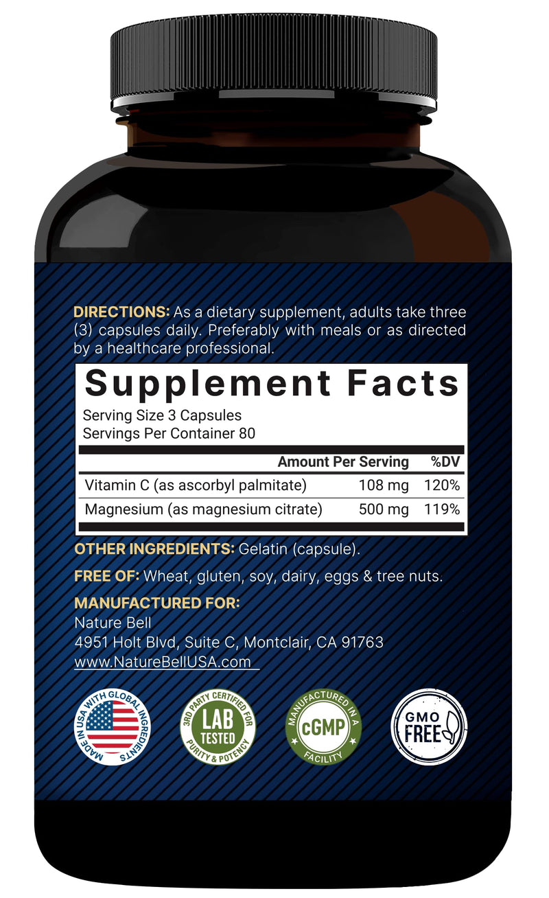 NatureBell 2 Pack Magnesium Citrate 500mg – 480 Capsules | 2-in-1 Vitamin C