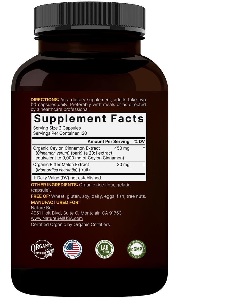 NatureBell 2 Pack Ceylon Cinnamon 9000mg Per Serving + Organic Bitter Melon – 480 Capsules | Non-GMO, Gluten Free