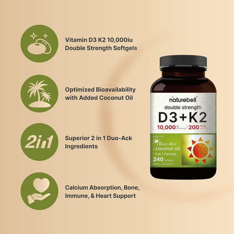 NatureBell Vitamin D3 10,000 IU + K2 200 mcg (MK-7) - 240 Softgels, Coconut Oil, Non-GMO