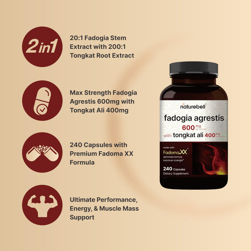 NatureBell Fadogia Agrestis 600mg + Tongkat Ali 400mg | 240 Caps | 20:1 & 200:1 Extracts | Non-GMO