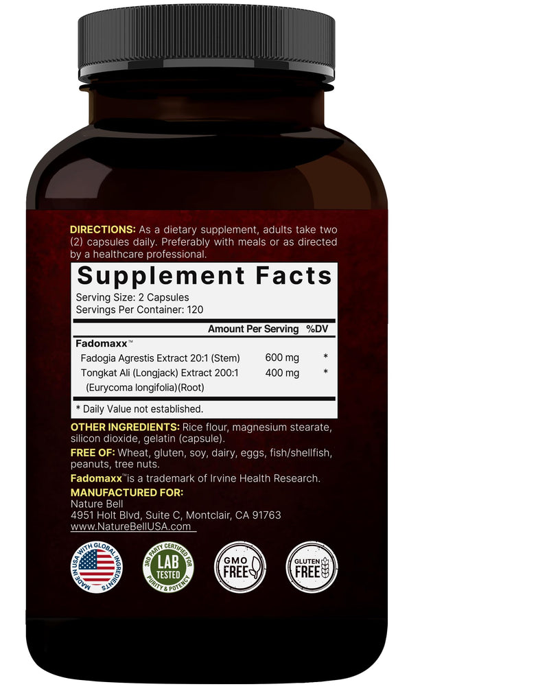 NatureBell Fadogia Agrestis 600mg + Tongkat Ali 400mg | 240 Caps | 20:1 & 200:1 Extracts | Non-GMO