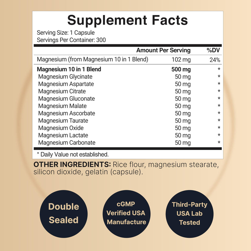 NatureBell Magnesium Complex 500mg – 10 Active Forms, 300 Caps