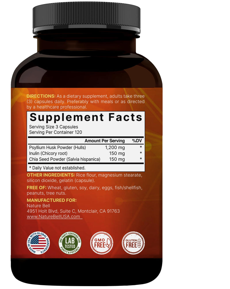 NatureBell Psyllium Husk Fiber – 1,500mg/Serving, 360 Capsules | Organic, Non-GMO