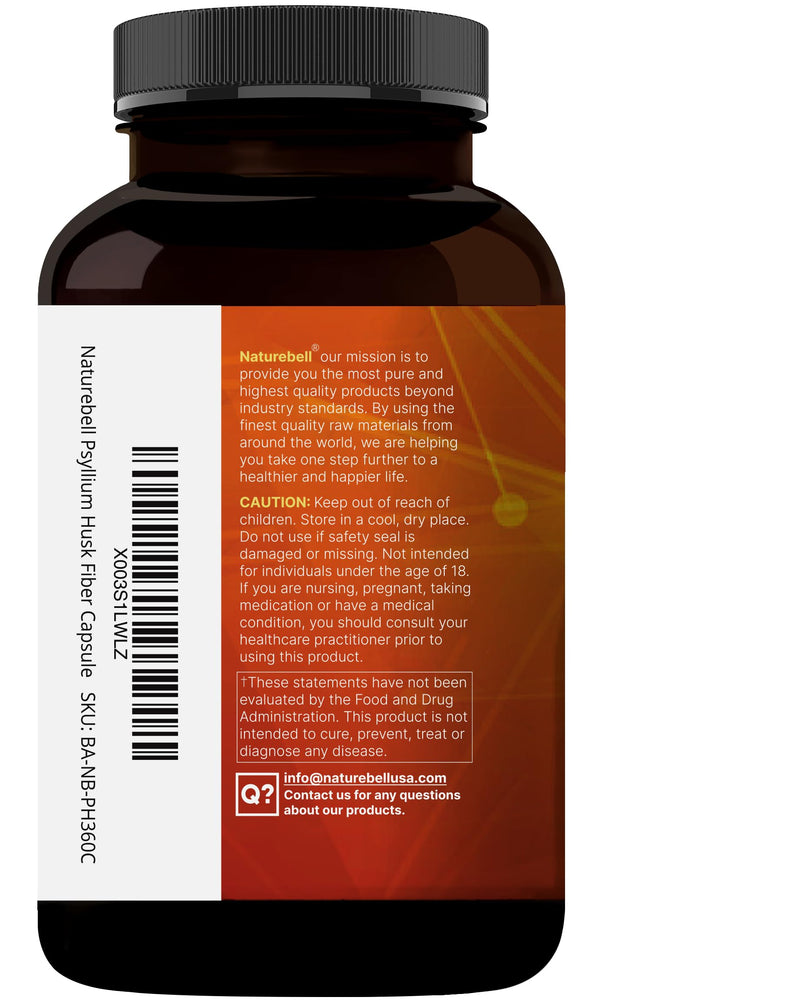 NatureBell Psyllium Husk Fiber – 1,500mg/Serving, 360 Capsules | Organic, Non-GMO