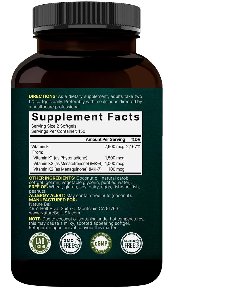 NatureBell Vitamin K Complex K1+K2 (MK-7/MK-4) 2600mcg | 300 Softgels | Non-GMO