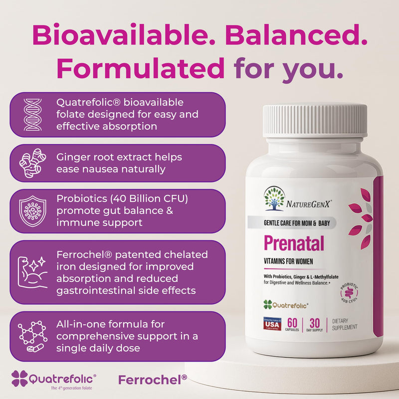 NatureGenX Methyl Prenatal with Probiotics – Vegan Prenatal Vitamins (60 Capsules)