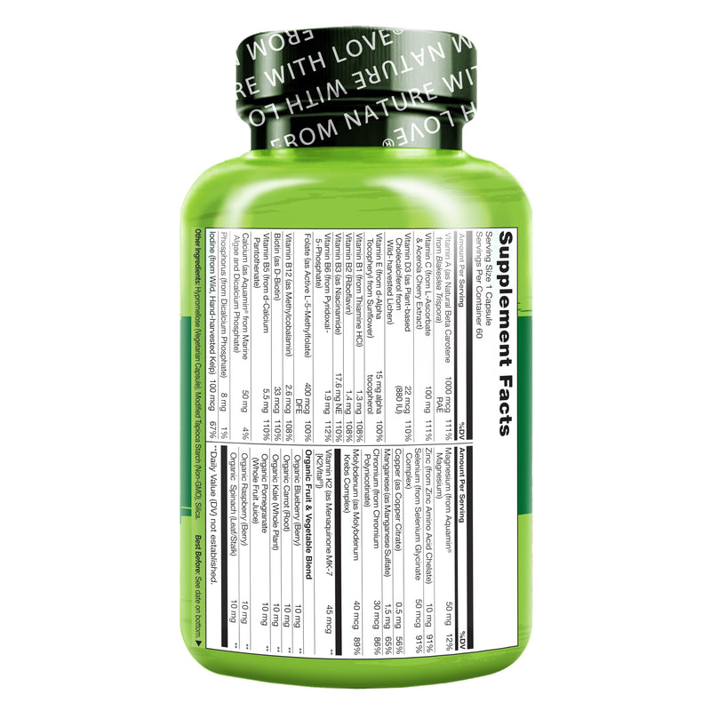 NATURELO Mens Multivitamins - One Daily Multivitamin for Men with Vitamins, Minerals & Organic Whole Foods, Boost Energy & Health, Non-GMO, 60 Vegetarian Capsules