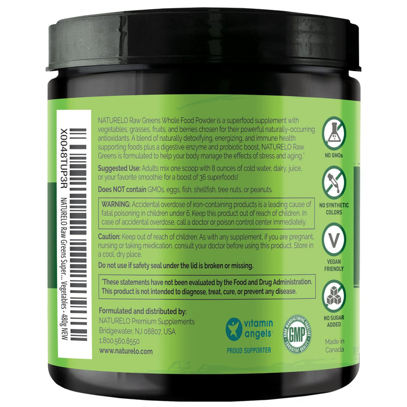 NATURELO Raw Greens Powder – Mixed Berry, 480 g | Energy, Immunity & Detox Support