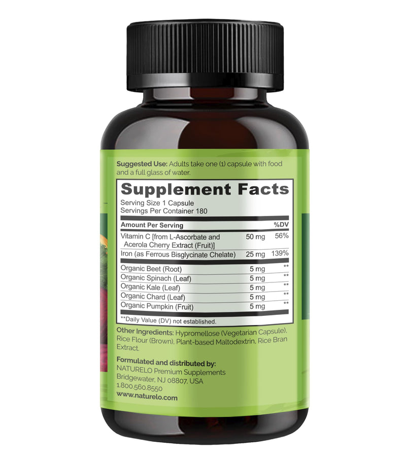 NATURELO Vegan Iron Supplement with Vitamin C | Gentle Ferrous Bisglycinate