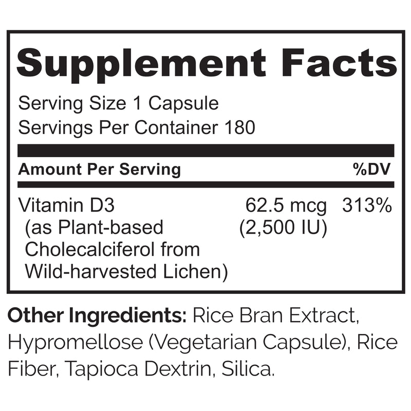NATURELO Vitamin D3 2500 IU - Plant-Based from Lichen | Vegan & Gluten Free