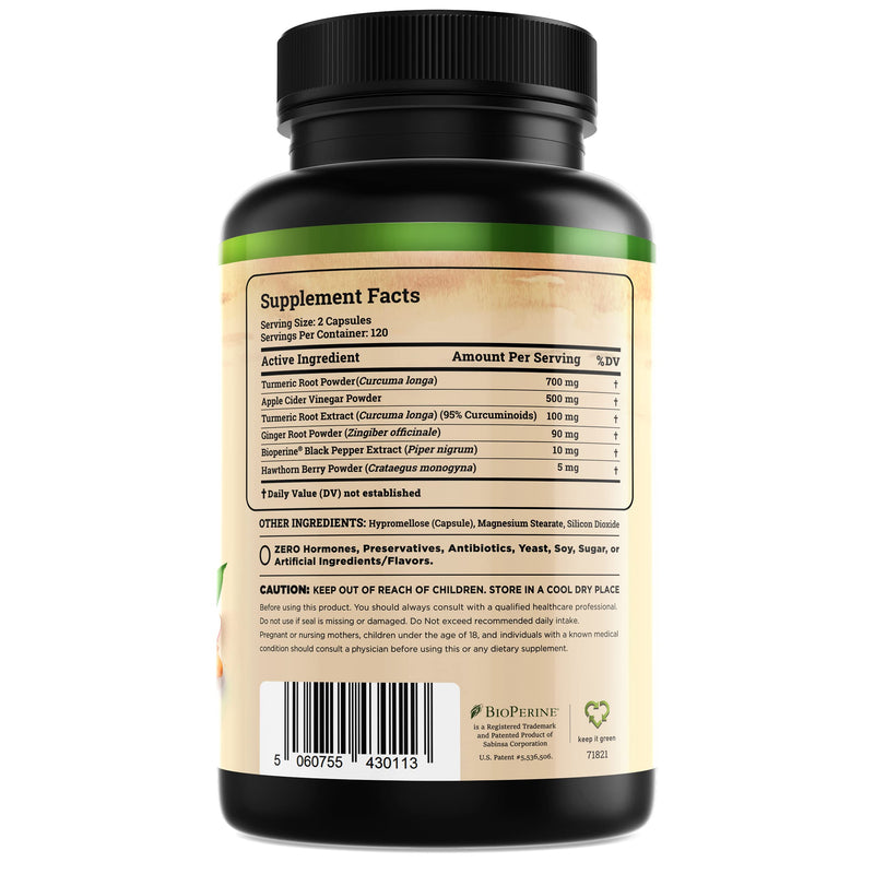 Nature's Base Turmeric & Ginger Supplement with Curcumin, ACV & BioPerine – 240 Capsules | 95% Curcuminoids
