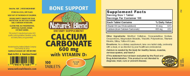 Nature's Blend Calcium Carbonate 600 mg with D3 400 IU – 100 Tablets (Pack of 1) UPC 079854016819