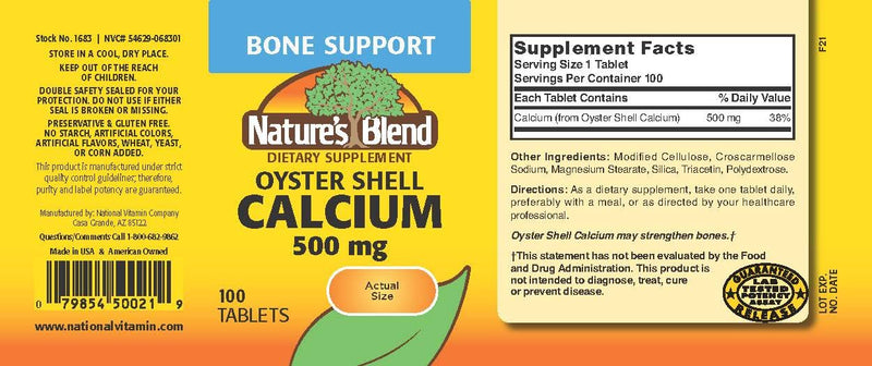 Nature's Blend Oyster Shell Calcium 500 mg - 100 Tabs (1683)