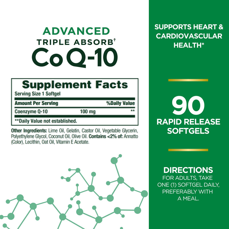 Nature's Bounty Advanced Triple Absorb CoQ-10 Softgels 100mg | Heart Health 90 Ct