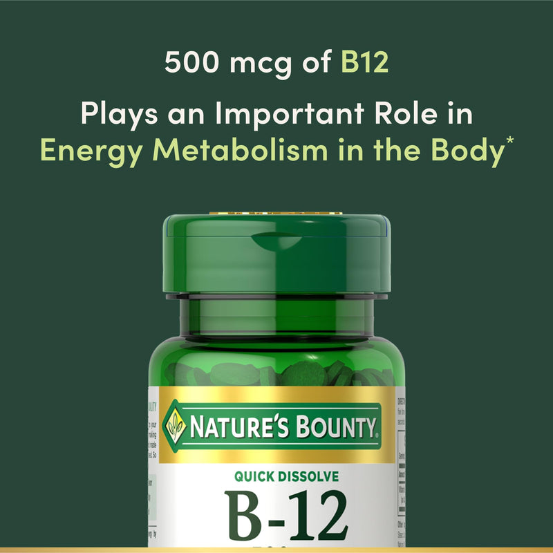 Nature's Bounty Vitamin B12 500mcg Quick-Dissolve Tablets | Energy & Nerve Support