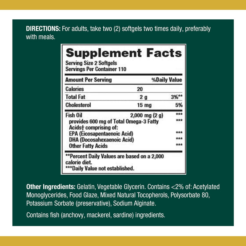 Nature's Bounty Fish Oil 1000 mg Coated Softgels | 220 Count | Omega-3 EPA/DHA for Heart Health